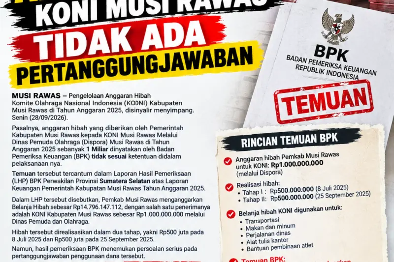 Ratusan Juta Anggaran Hibah KONI Musi Rawas Tidak Ada Pertanggungjawaban